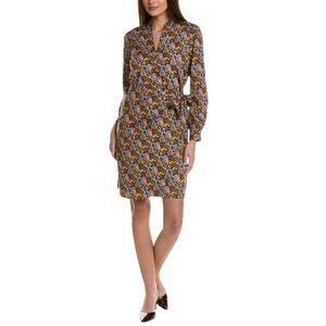 J.McLaughlin Isolde Faux Wrap Dress in brown, navy, and gold multicolor print